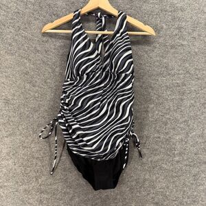 Sunder Swimsuit Women 10 Black Animal Print Sleeveless Halter Neck One Piece